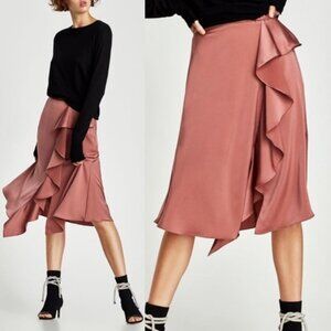 Zara Sateen Silk Satin Asymmetric Ruffle Midi Skirt Mauve Pink Size M Romantic